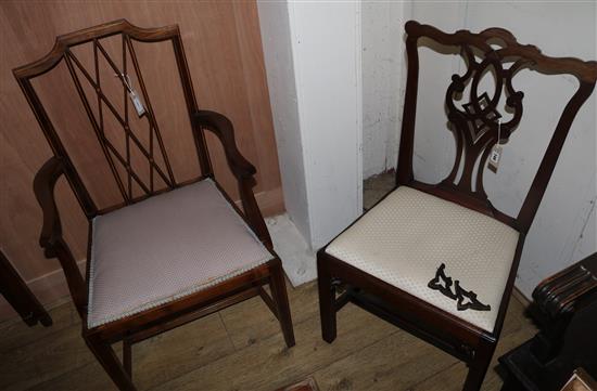 A Sheraton style inlaid mahogany open armchair and a Chippendale style mahogany side chair